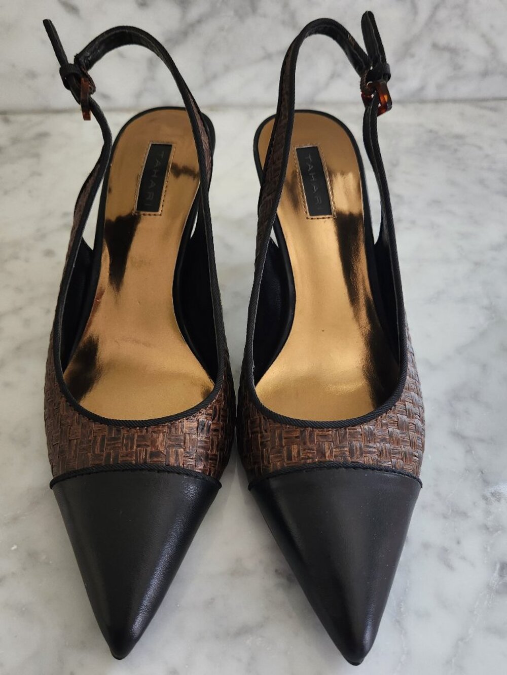 Tahari Slingback Heels 6.5 Brown Woven Cap Toe Pointed Chanel Style Pumps